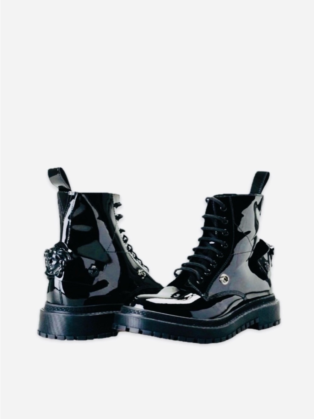 Rare‼️New VERSACE BLACK PATENT LEATHER MEDUSA COMBAT BOOTS: US Women 7.5 IT 37.5